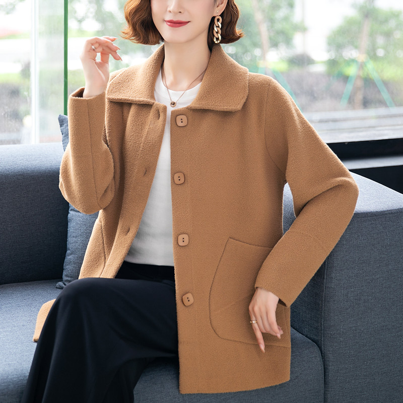 新款妈妈宽松大码双面呢外套短款春秋装中年女贵夫人双面羊绒大衣