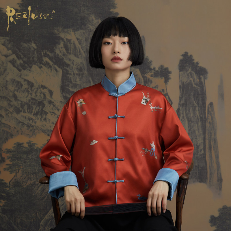 recluse养真/中国红本命年复古撞色散点定位印花设计改良唐装外套