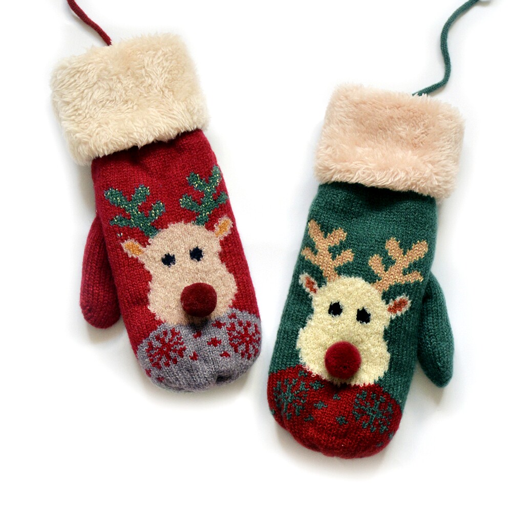 圣诞麋鹿挂绳学生成人毛线情侣防寒手套女加绒冬可爱韩版保暖连指