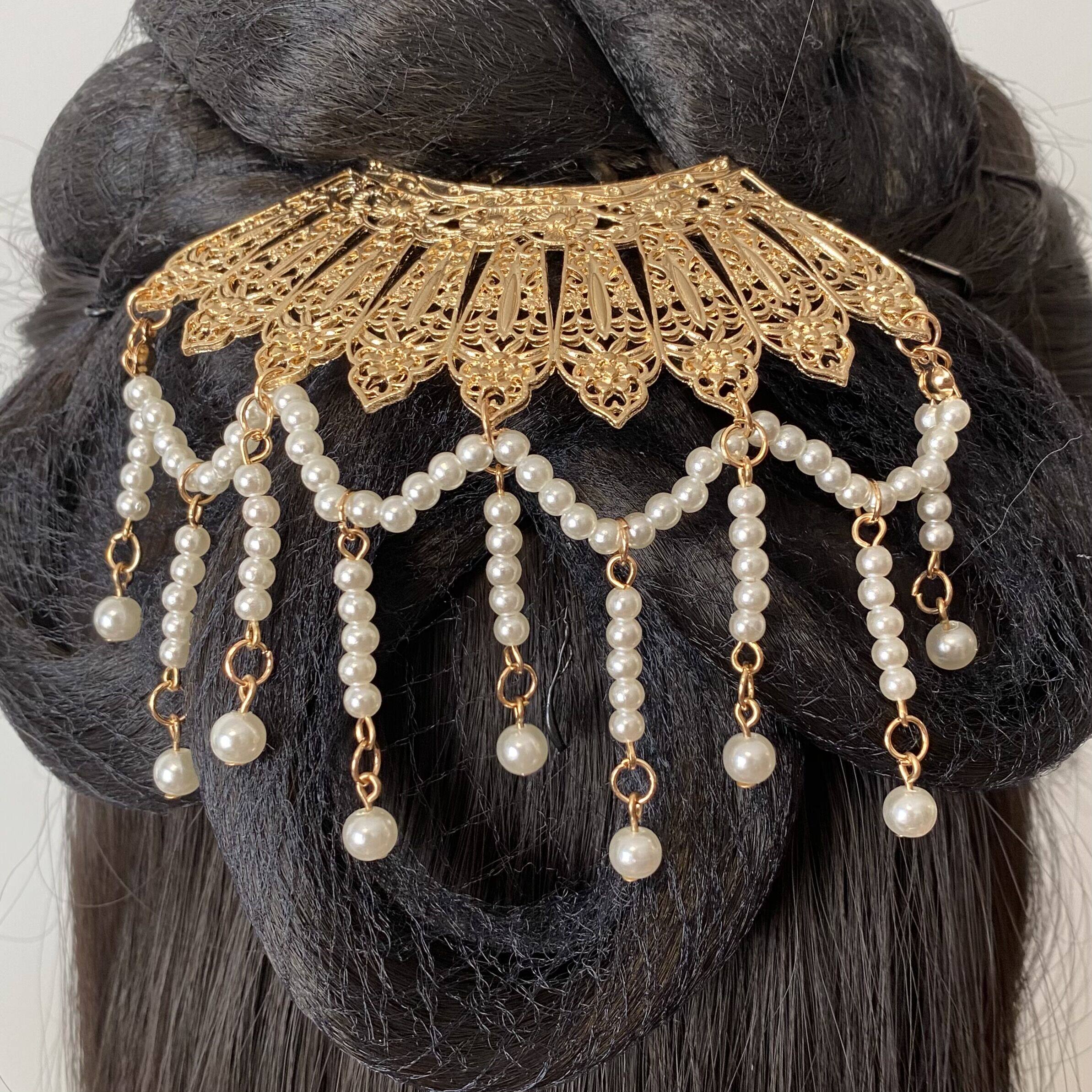 【司钗阁】扇形流苏后压仿珍珠发簪明制掩鬓古风汉服发饰步摇排钗