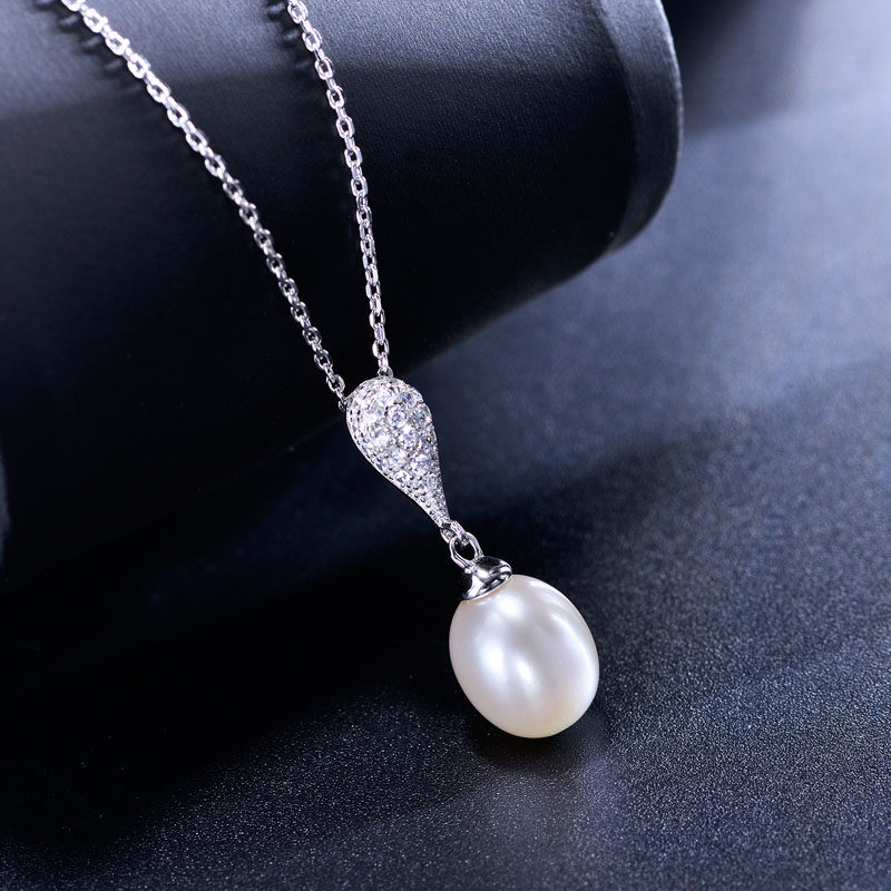 简丹项链女925银珍珠锁骨链原创小水滴形母贝单颗镶嵌镀白金吊坠