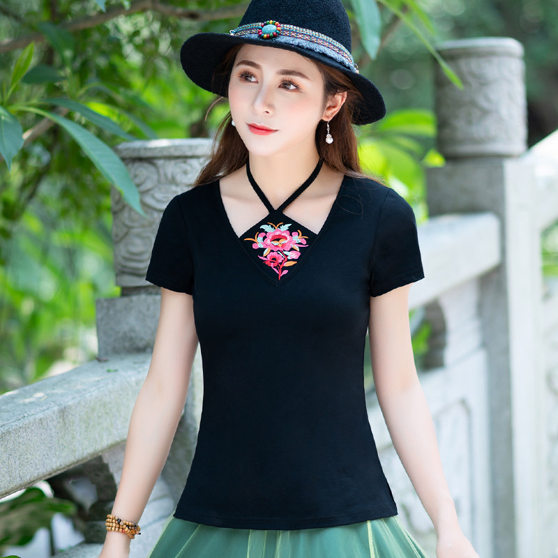 民族风t恤女短袖夏装显瘦气质v领半袖体恤复古中国风云南刺绣上衣