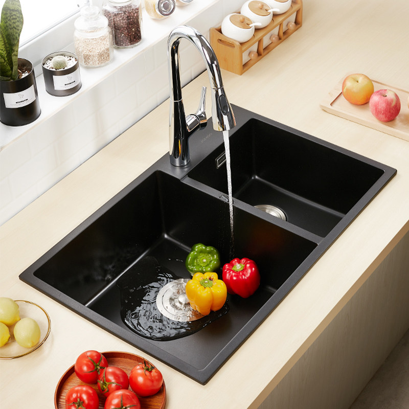 九牧卫浴厨房水槽双槽黑色石英石水槽套装洗菜盆水池水龙头套餐