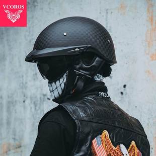 VCOROS碳纤维复古头盔半盔巡航摩托车电动车夏季男女哈雷太子瓢盔