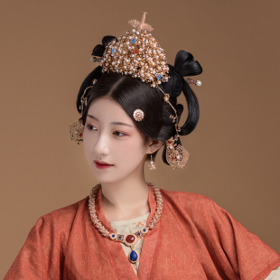 稷氏小筑 仿李静训李小孩珍珠头饰璎珞博鬓汉服发饰 闹蛾扑花冠