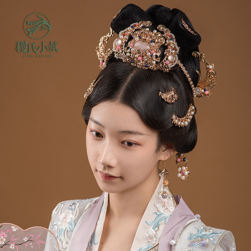 稷氏小筑 比翼 汉服后压发冠发钗耳环古风发饰头饰套装女