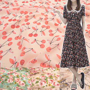 小清新印花雪纺面料不透樱桃小碎花蚕丝布料软连衣裙diy服装布艺