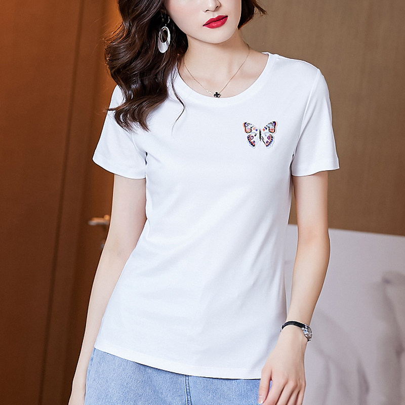 英曼妃简约蝴蝶刺绣纯棉短袖t恤女夏