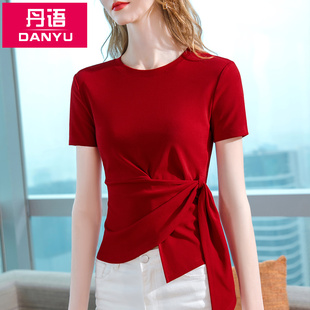 丹语短袖T恤女夏设计感小众2024新款高腰绑带不规则上衣时尚洋气