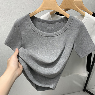 高级灰色短袖t恤女夏季2024新款小个子短款圆领修身显瘦打底衫女