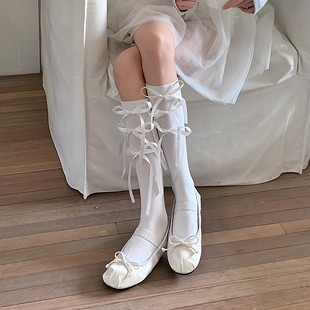 纯色丝带蝴蝶结袜子女长筒袜个性甜美芭蕾风棉袜jk配小皮鞋小腿袜