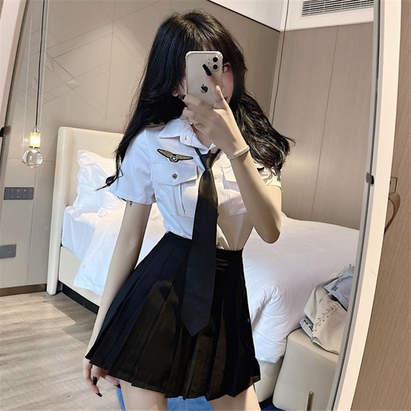jk制服套装女装夏季空姐服装酷上衣服白衬衫黑裙子辣妹学院校园风