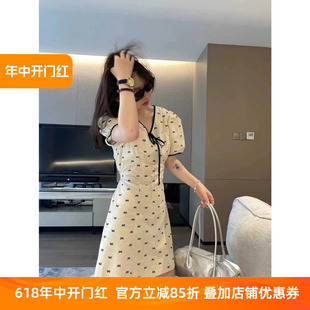 棉麻收腰连衣裙女欧洲站2024夏季新款欧货撞色系带蝴蝶结印花短裙