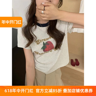 小版美式短袖T恤衫女2024夏季新款时尚字母草莓图案短款圆领上衣