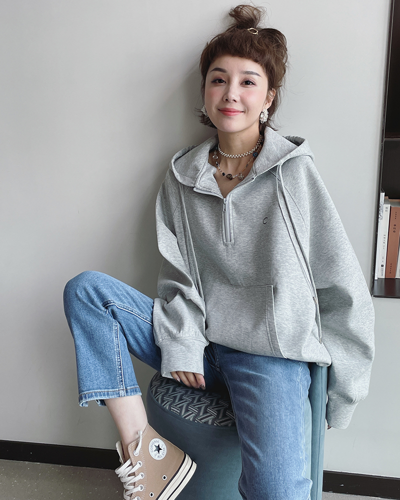 休闲连帽衫女2022春季时尚学院风韩版宽松字母图案拉链套头卫衣潮