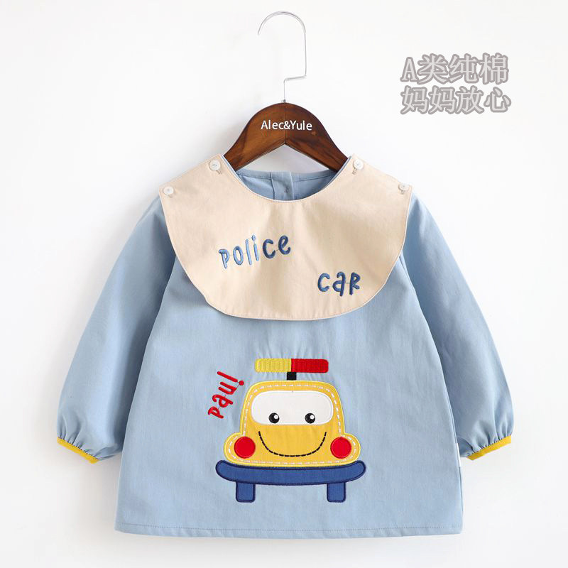 儿童罩衣男童纯棉卡通微笑警车幼儿园反穿衣围兜防水防脏护衣秋冬