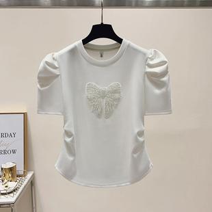 2024夏季新款欧货爆款上衣设计感小众白色蝴蝶钉珠收腰短袖T恤女