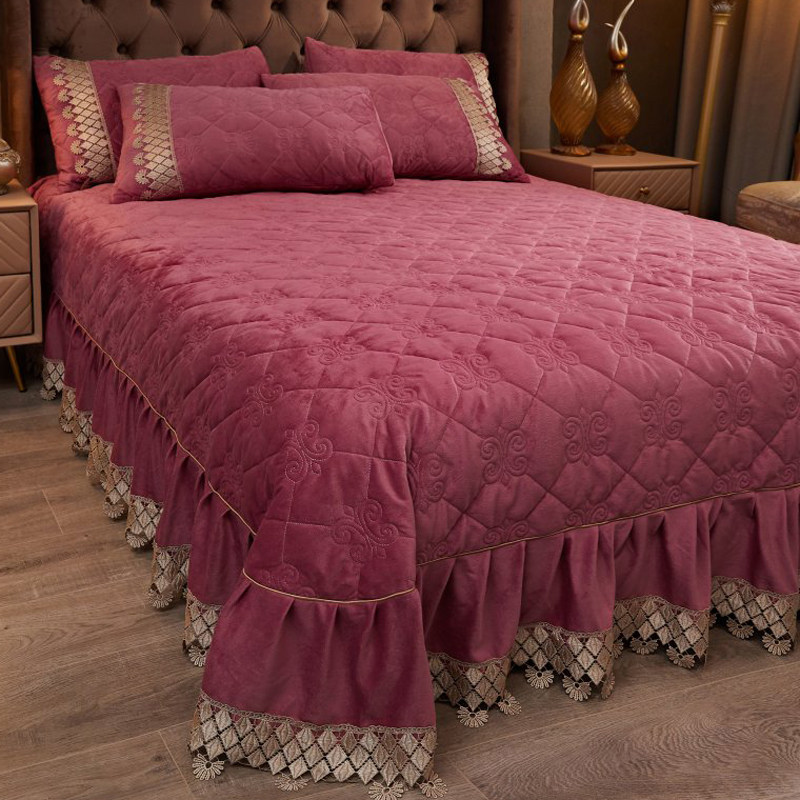 欧式秋冬季保暖水晶绒床盖毯花边款单件纯色夹棉加厚珊瑚绒三件套