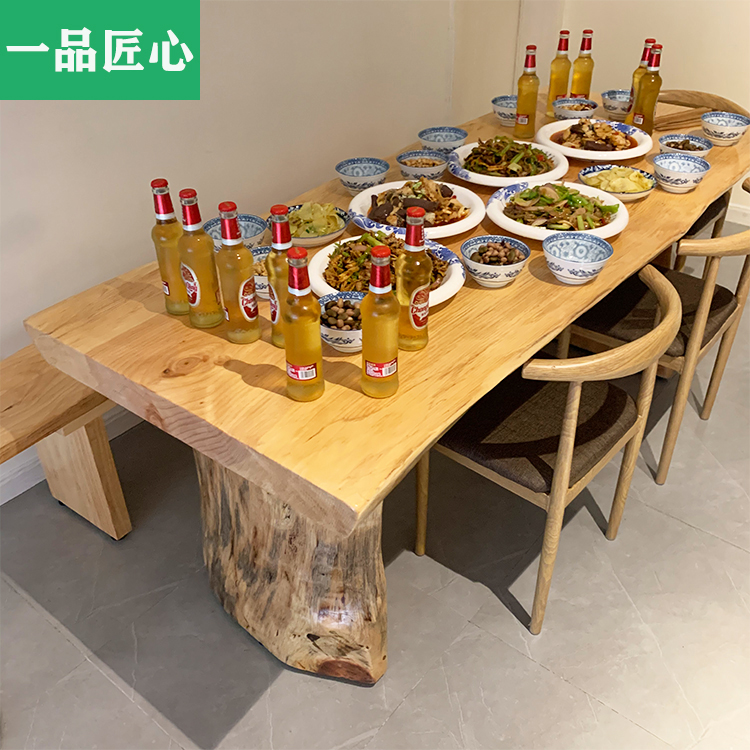 家用小户型吃饭桌子饭店民宿简约餐桌长方形原木饭桌实木桌椅组合