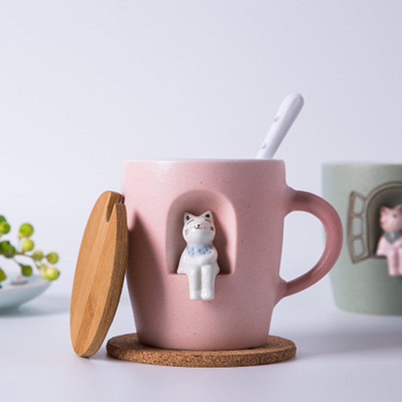 3d立体手绘动物杯景德镇创意卡通猫咪陶瓷杯子咖啡杯马克杯带盖勺