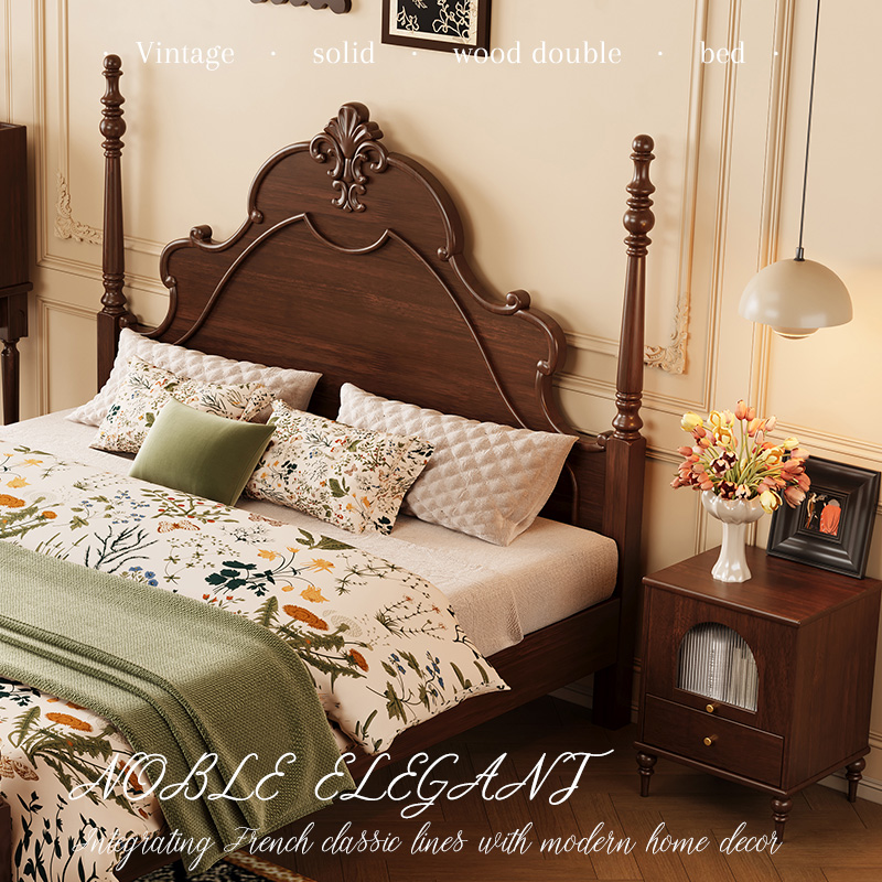 卡答美式实木床现代简约主卧室婚床法式复古1.5米1.8米中古双人床
