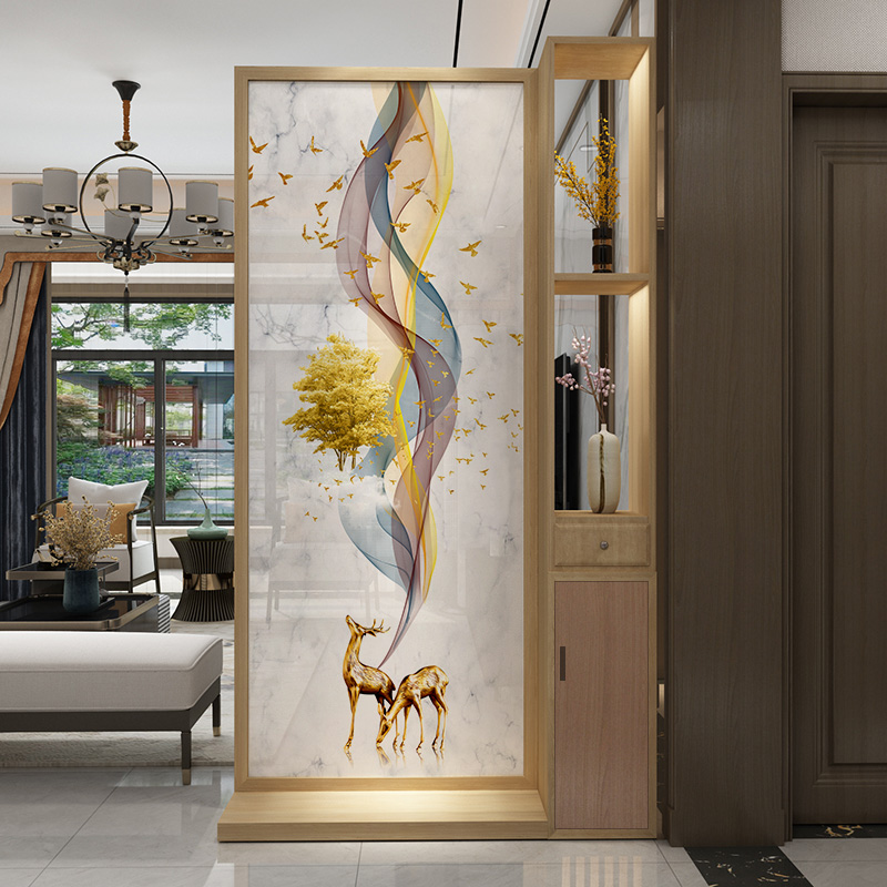 简约实木屏风隔断招财鹿新中式地中海入户玄关可定制带抽屉带柜门