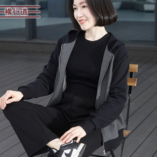 2024新款春装连帽插肩撞色长袖外套女装加厚拉链休闲妈妈大码上衣