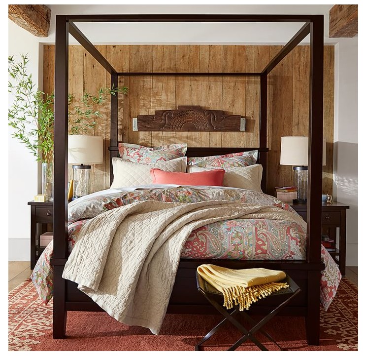 美式乡村实木四柱床复古做旧胡桃色拔步床架子床卧室双人床可定制