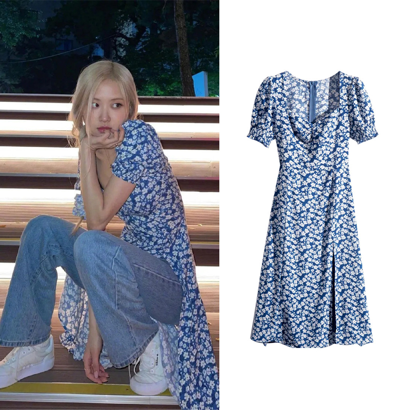 blackpink朴彩英rose同款衣服法式方领碎花连衣裙女夏装雪纺裙子