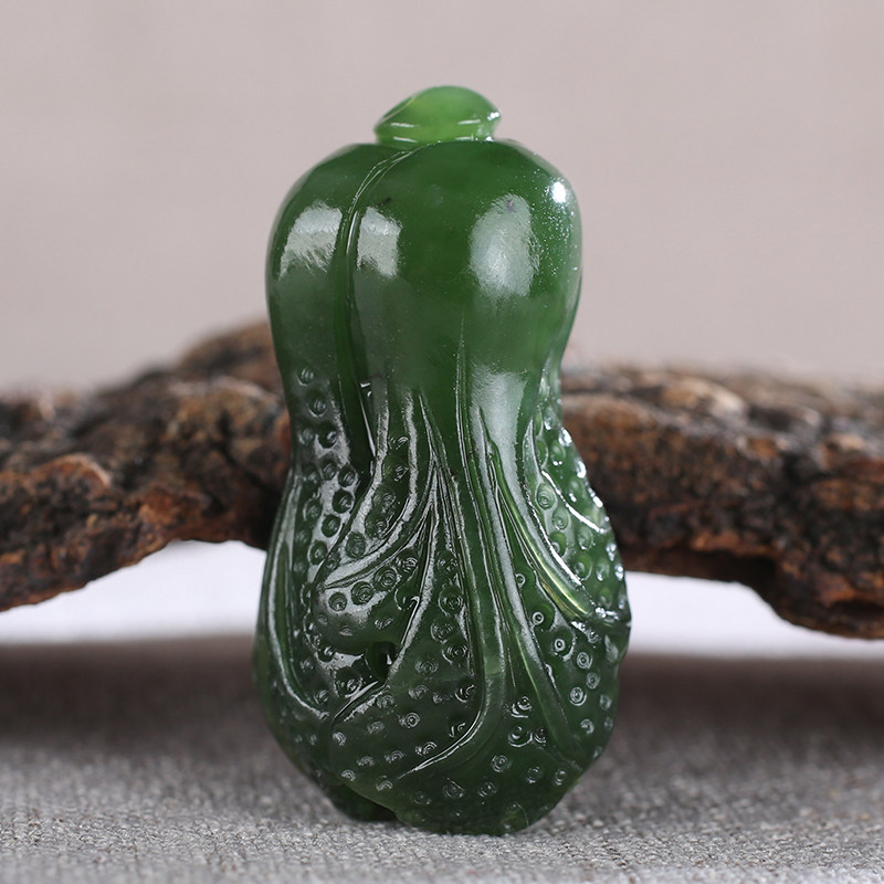 大福报 新疆和田玉山料百财吊坠手工玉佩 天然碧玉白菜挂件男女款