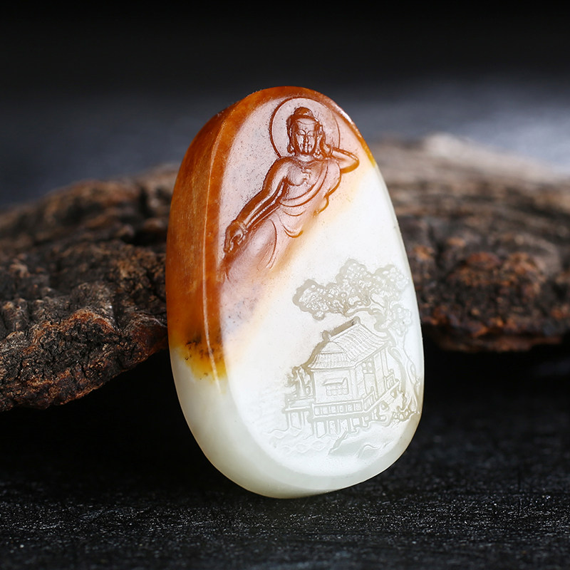 大福报 新疆和田玉籽料卧佛圆牌吊坠苏工 天然黄沁皮挂件籽玉挂坠