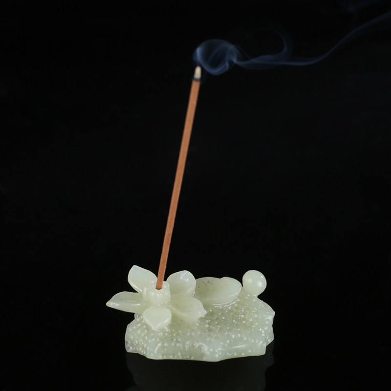 大福报 新疆和田玉莲花香插小摆件 天然白玉手工香道用具苏工莲花