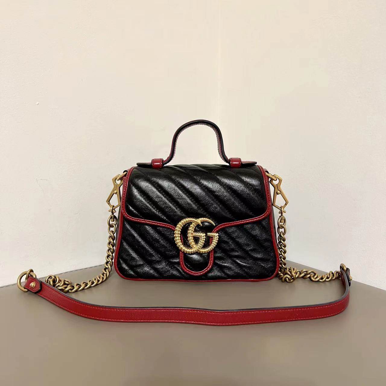 98新gucci/古驰 马蒙gg marmont拼色迷你手提斜挎包  工价18200