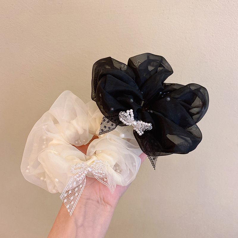 甜美公主发圈珍珠蝴蝶结黑色米白色欧根纱大肠圈新款高级感发绳女