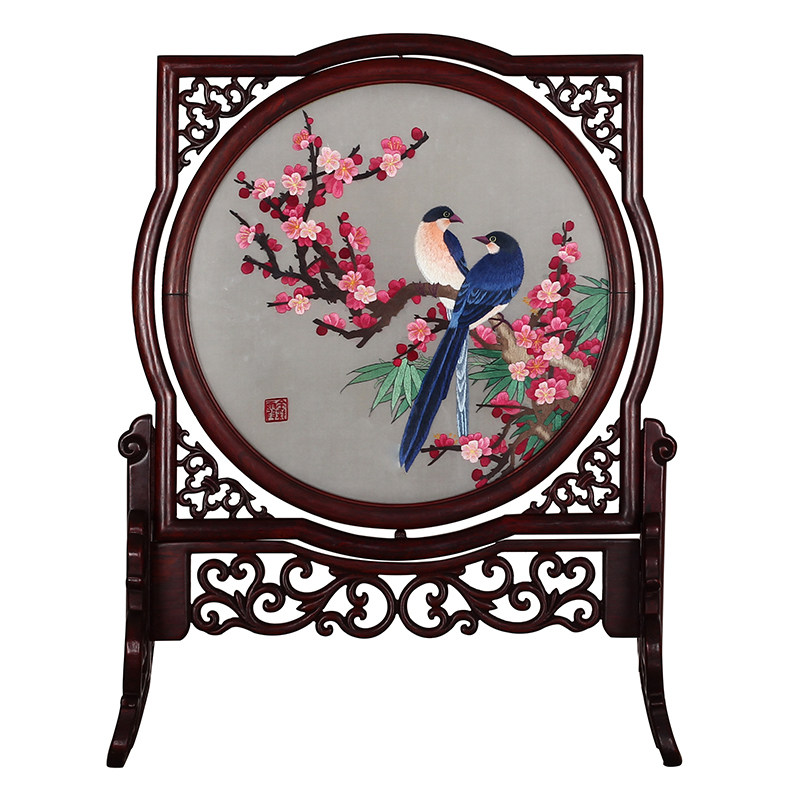 湘绣双面绣 《喜上眉梢》 国家非遗 手工刺绣摆件