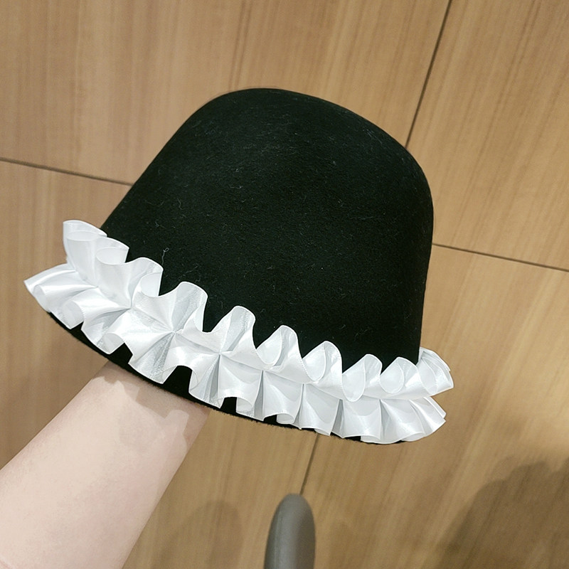 轻奢设计师款呢帽蕾丝边水桶帽秋冬街拍凹造型钟形帽渔夫帽韩版女