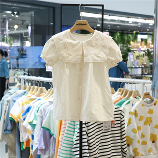 milibam女童时尚衬衫短袖T恤24年夏韩国代购儿童洋气白色上衣套头