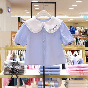 企划款T+女童纯棉短袖衬衫韩国代购2024年夏季系扣蓝色T恤上衣