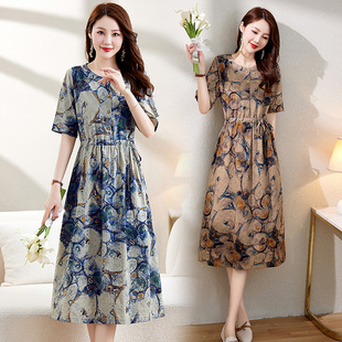 女裙2024年夏季新款时尚显瘦气质优雅减龄韩版短袖印花棉麻连衣裙
