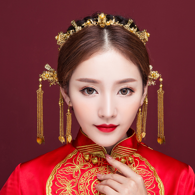 新娘古装头饰套装中式金色凤冠发饰龙凤褂秀禾和服凤冠结婚配饰品|msdalam kategori Aksesori/Barang Kemas Fesyen, Aksesori rambut - dari Buy2taobao.com untuk memberikan perkhidmatan ejen Taobao profesional membeli