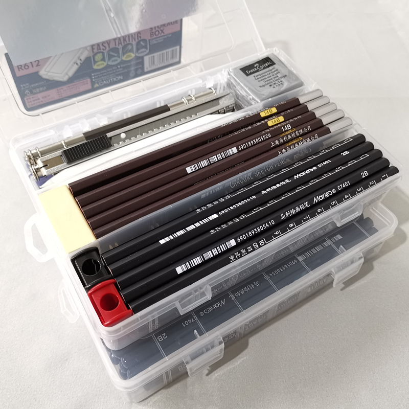 健桦美术素描铅笔盒橡皮炭笔收纳盒储物工具箱三格小号透明文具盒