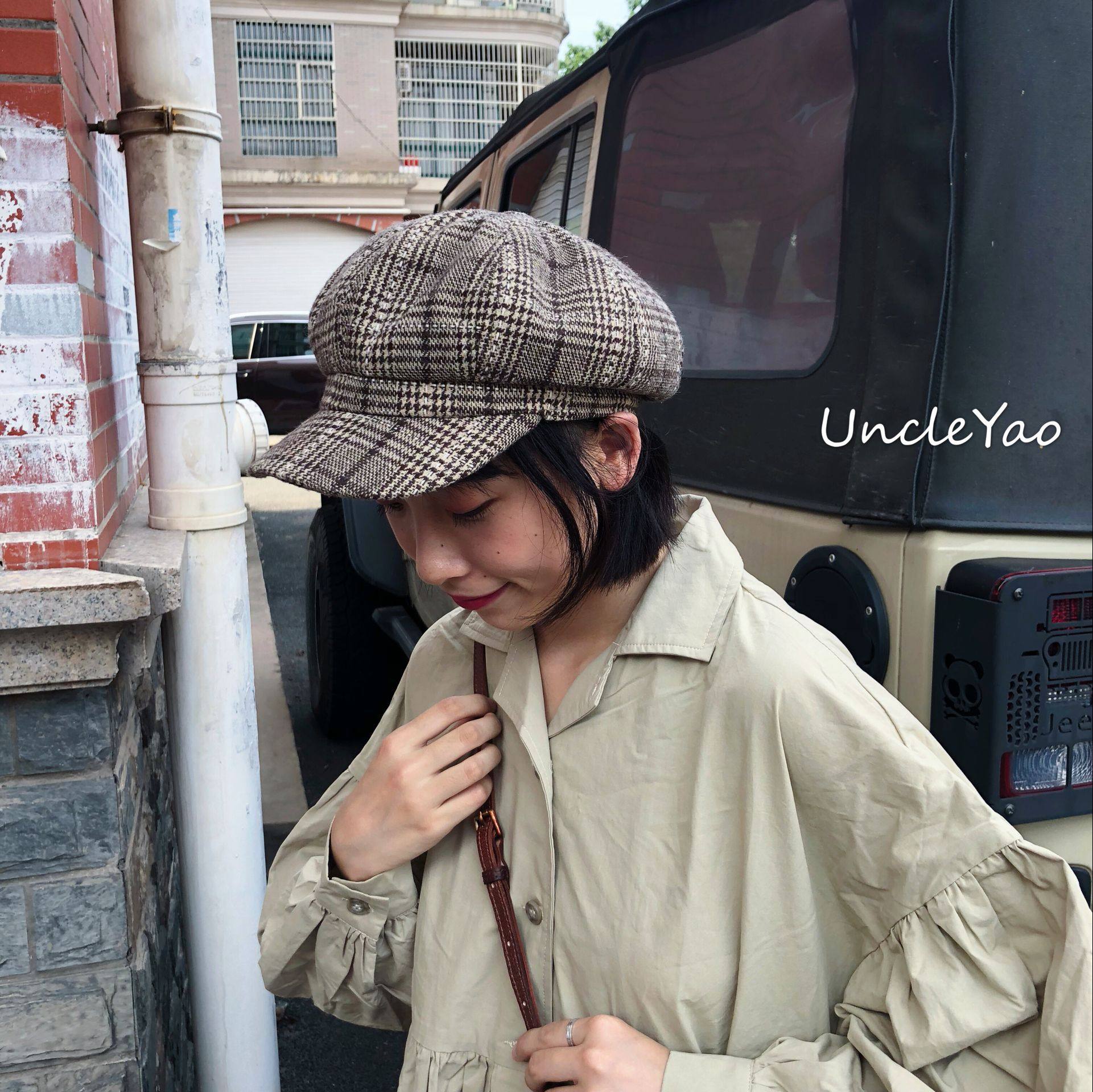 姚叔叔/卖报啦秋冬百搭日系文艺复古格纹报童帽鸭舌帽子男女潮-泡美丽