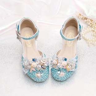 蔚蓝海洋风珍珠公主儿童包头中空腕带舞蹈鞋贝壳水钻礼仪花童凉鞋