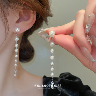 银针锆石大小珍珠水滴耳环时尚气质长款流苏耳坠小众设计百搭耳饰