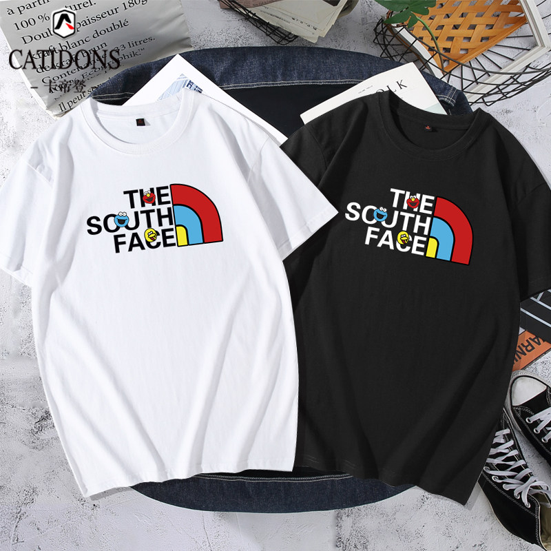 the south face南面联名芝麻街t恤男卡通印花纯棉户外运动短袖ins