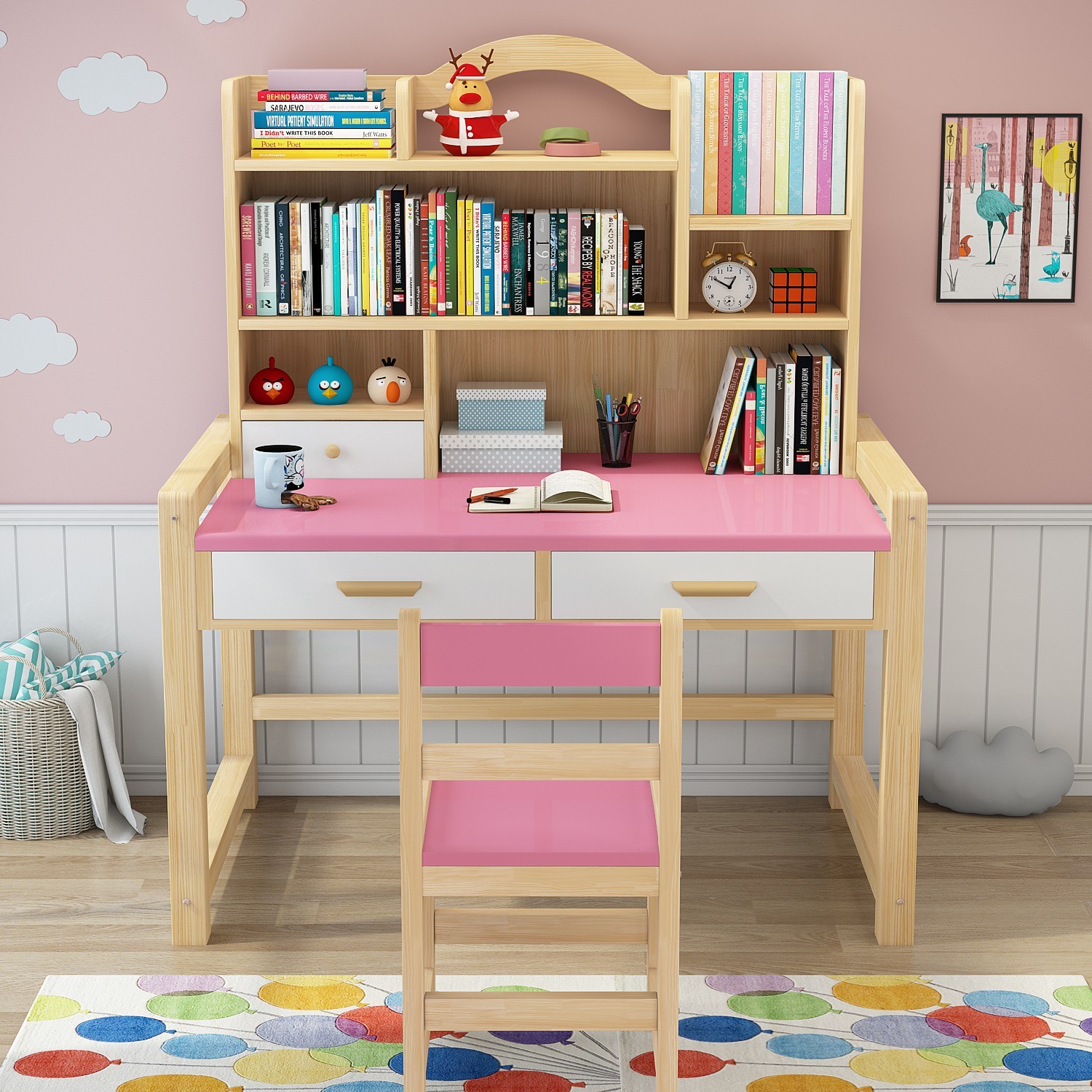 写字桌椅套装松木实木家用小学生学习桌男孩女孩书桌书架组合优惠券