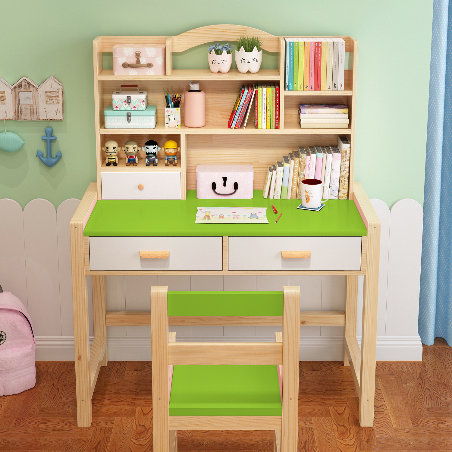 实木儿童学习桌简约家用写字桌小学生书桌可升降作业桌椅套装组合