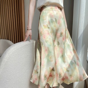 中长款法式浪漫印花半身裙女真丝夏季新款垂感气质高腰醋酸A字裙