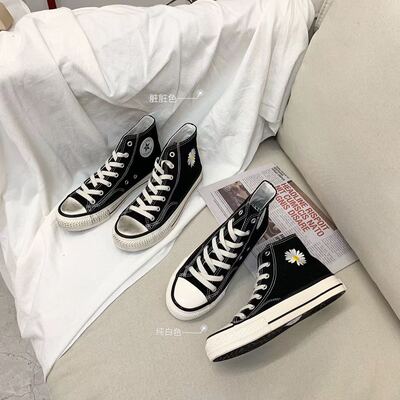 实拍实价～gd权志龙同款小雏菊高帮帆布鞋女1970s小花联明脏脏鞋