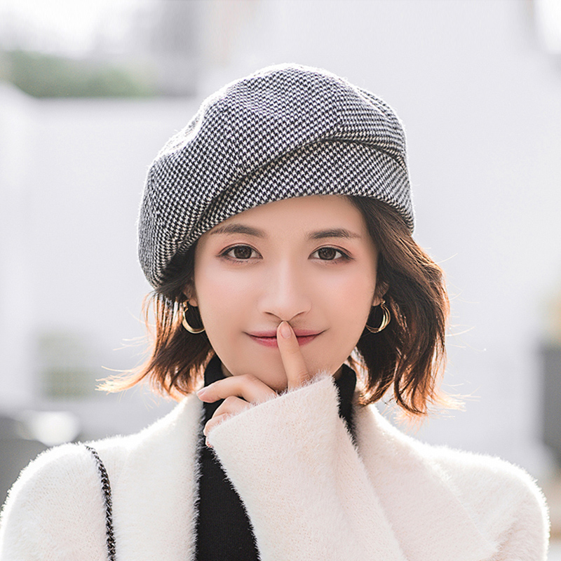 帽子女秋冬百搭时尚短发适合2021新款女士韩系格子八角贝雷帽春秋
